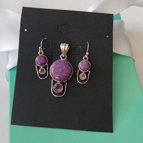 Sterling Jewelry - Round Purple Mojave Turquoise + Amethyst  Pendant + Earrings Set Sterling Silver